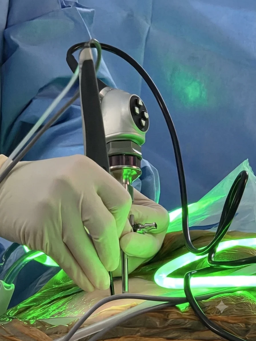 A surgeon using an endoscope during a minimally invasive spine procedure