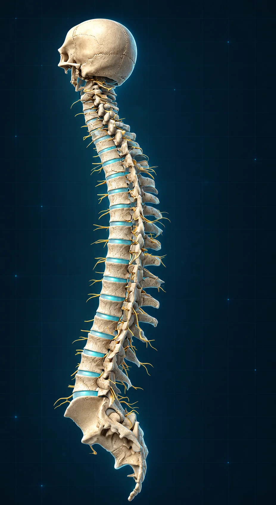 Illustration of the human spine from the cervical vertebrae to the sacrum